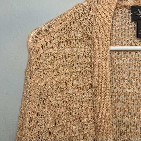 Chicos Sz L Peach Shimmer Boho Longline Fringe Cardigan Open Loose Knit Vacation - Picture 6 of 10